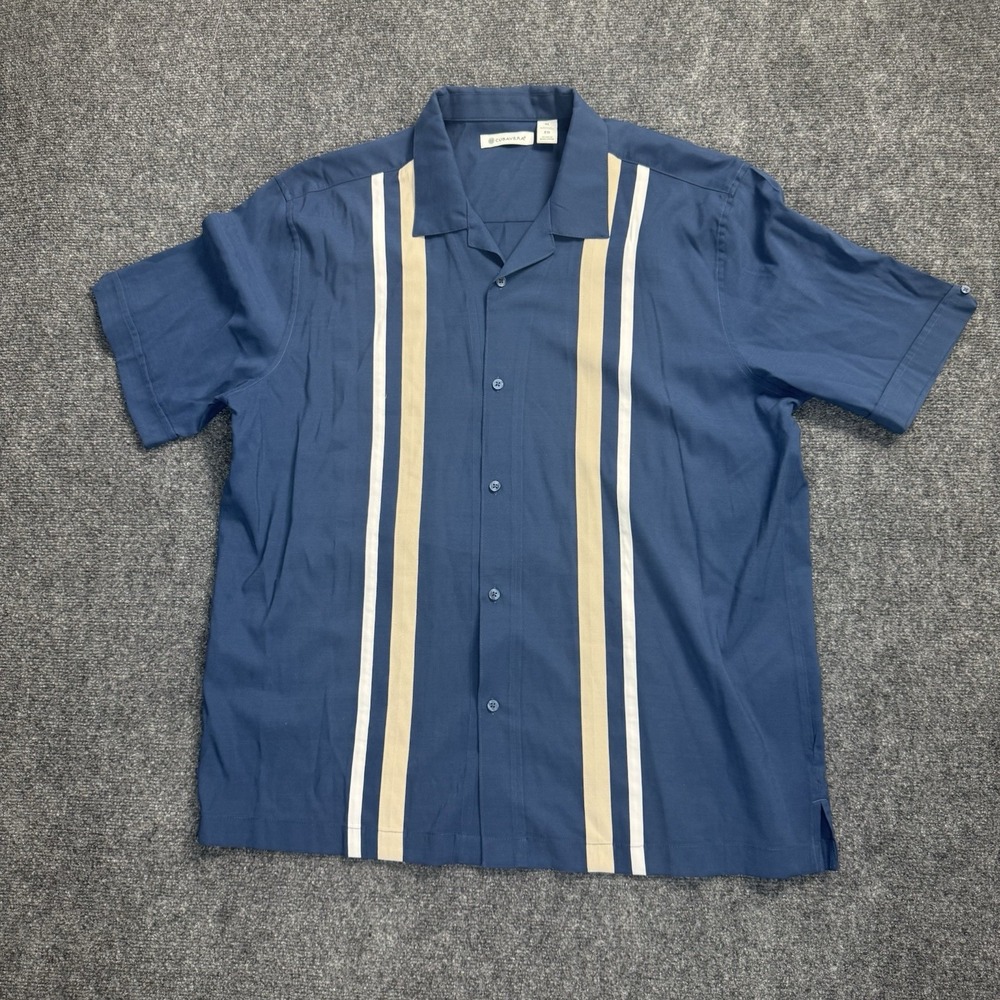 Cubavera Men's XL Blue Shirt Embroidered Trim Details Short Sleeve Button Up